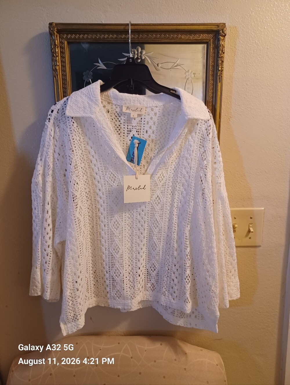 White Open-Knit Collared Women’s Top
